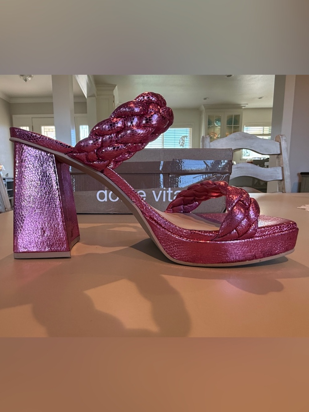Anthro Dolce Vita Paily Heels Pink Metallic Braided Block Heel Size 7.5 - Picture 7 of 10